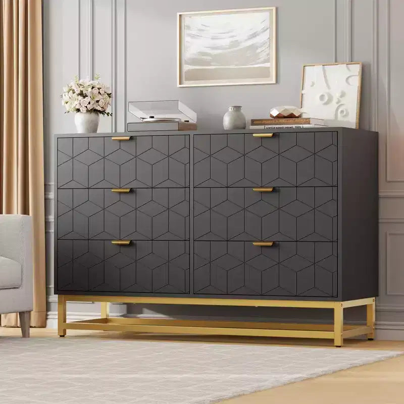 Commode de chambre à coucher, commode large en bois à 6 tiroirs avec pieds en métal, organisateur de commode moderne