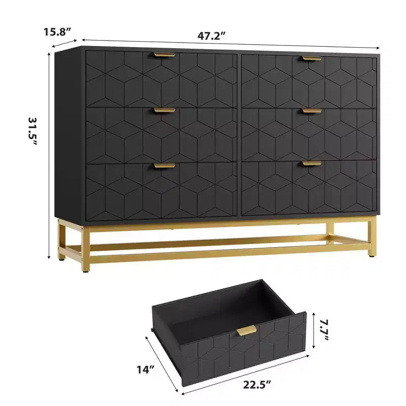Commode de chambre à coucher, commode large en bois à 6 tiroirs avec pieds en métal, organisateur de commode moderne