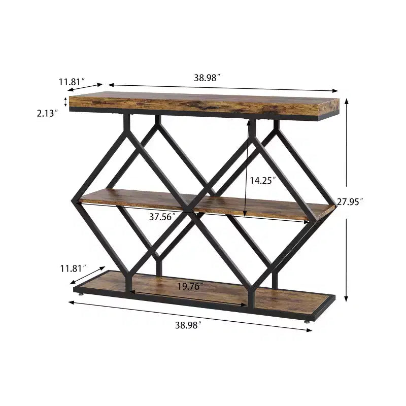 Console 3 niveaux – Table d'entrée industrielle avec cadre en métal en forme de losange, étagère de rangement ouverte, table d'appoint pour salon, couloir et hall d'entrée