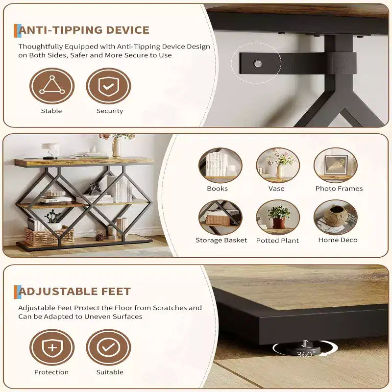 Console 3 niveaux – Table d'entrée industrielle avec cadre en métal en forme de losange, étagère de rangement ouverte, table d'appoint pour salon, couloir et hall d'entrée