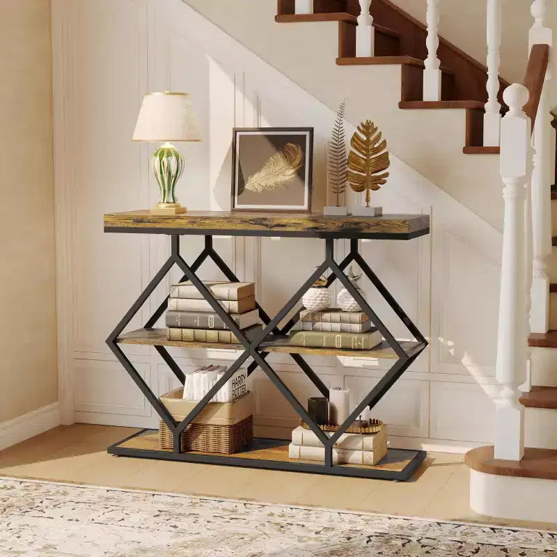 Console 3 niveaux – Table d'entrée industrielle avec cadre en métal en forme de losange, étagère de rangement ouverte, table d'appoint pour salon, couloir et hall d'entrée