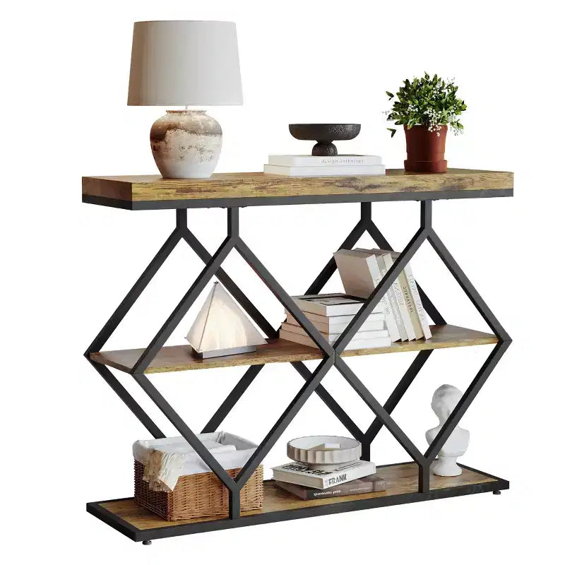 Console 3 niveaux – Table d'entrée industrielle avec cadre en métal en forme de losange, étagère de rangement ouverte, table d'appoint pour salon, couloir et hall d'entrée