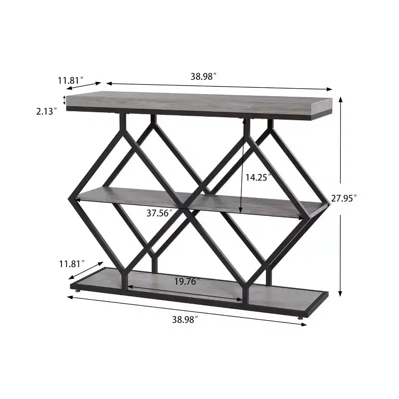 Console 3 niveaux – Table d'entrée industrielle avec cadre en métal en forme de losange, étagère de rangement ouverte, table d'appoint pour salon, couloir et hall d'entrée