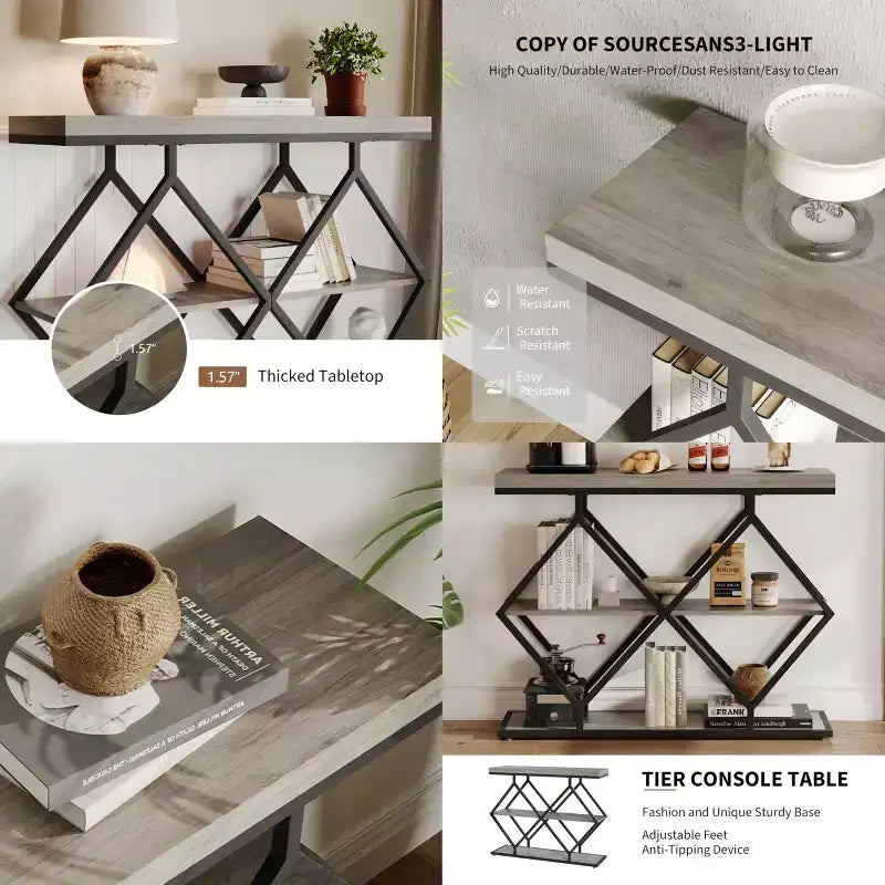 Console 3 niveaux – Table d'entrée industrielle avec cadre en métal en forme de losange, étagère de rangement ouverte, table d'appoint pour salon, couloir et hall d'entrée