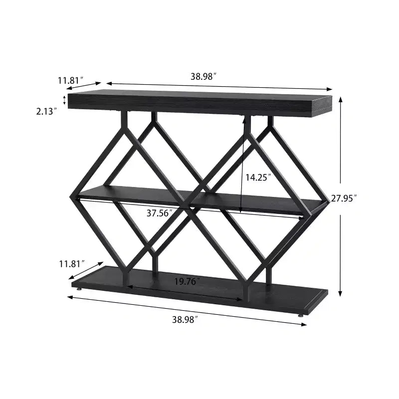 Console 3 niveaux – Table d'entrée industrielle avec cadre en métal en forme de losange, étagère de rangement ouverte, table d'appoint pour salon, couloir et hall d'entrée