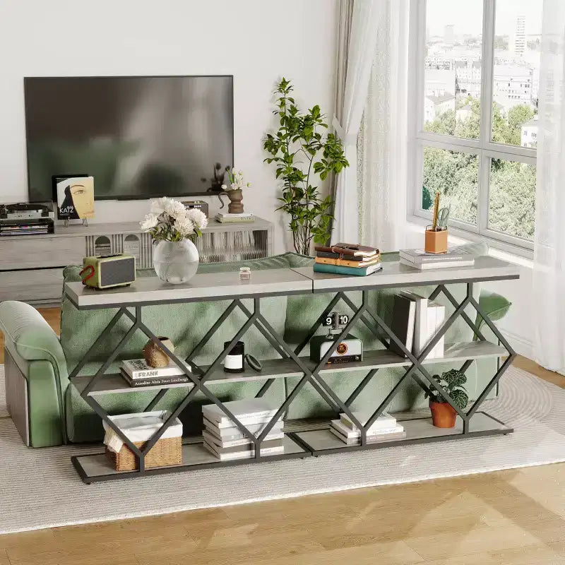 Console 3 niveaux – Table d'entrée industrielle avec cadre en métal en forme de losange, étagère de rangement ouverte, table d'appoint pour salon, couloir et hall d'entrée