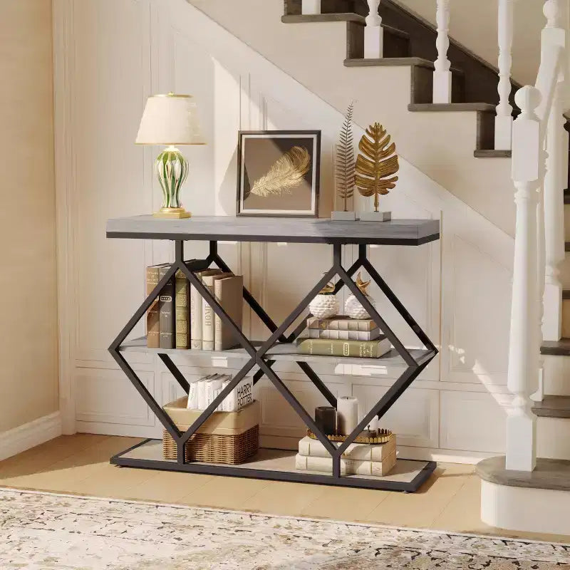 Console 3 niveaux – Table d'entrée industrielle avec cadre en métal en forme de losange, étagère de rangement ouverte, table d'appoint pour salon, couloir et hall d'entrée