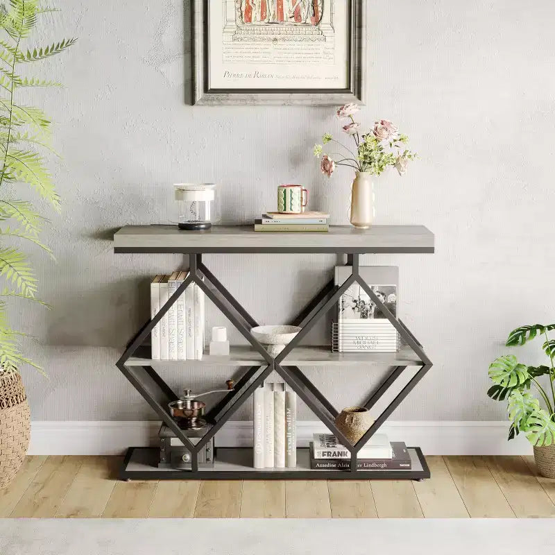 Console 3 niveaux – Table d'entrée industrielle avec cadre en métal en forme de losange, étagère de rangement ouverte, table d'appoint pour salon, couloir et hall d'entrée
