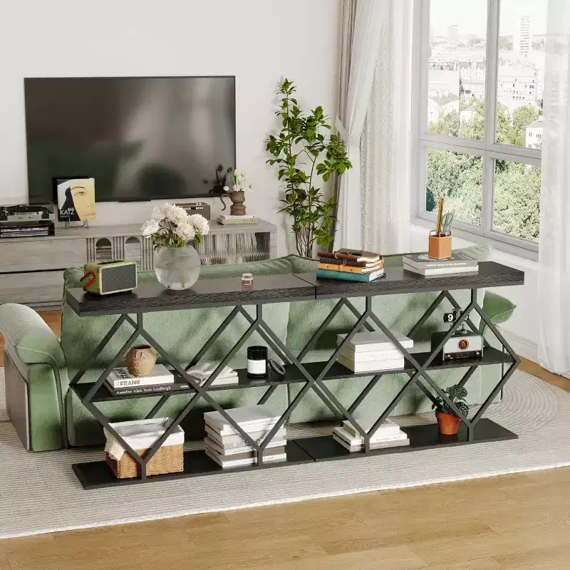Console 3 niveaux – Table d'entrée industrielle avec cadre en métal en forme de losange, étagère de rangement ouverte, table d'appoint pour salon, couloir et hall d'entrée