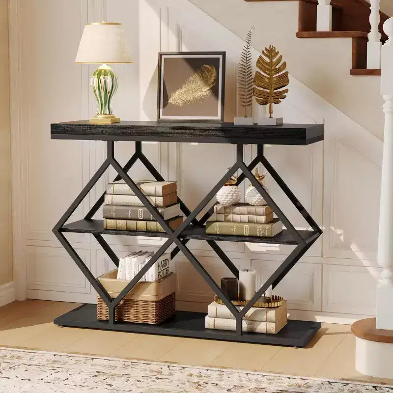 Console 3 niveaux – Table d'entrée industrielle avec cadre en métal en forme de losange, étagère de rangement ouverte, table d'appoint pour salon, couloir et hall d'entrée