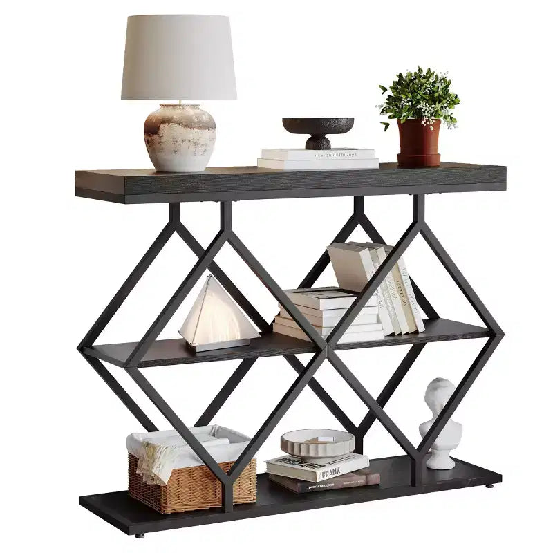 Console 3 niveaux – Table d'entrée industrielle avec cadre en métal en forme de losange, étagère de rangement ouverte, table d'appoint pour salon, couloir et hall d'entrée