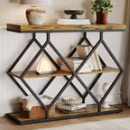 Console 3 niveaux – Table d'entrée industrielle avec cadre en métal en forme de losange, étagère de rangement ouverte, table d'appoint pour salon, couloir et hall d'entrée