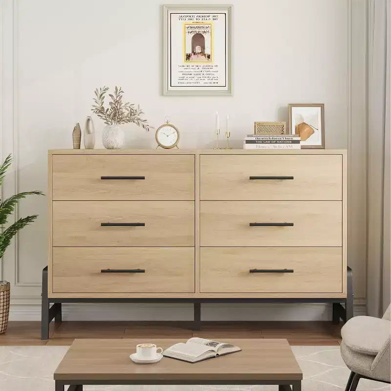 Commode de chambre, commode en bois de 132 cm de large à 6 tiroirs avec grand espace de rangement, meuble autoportant