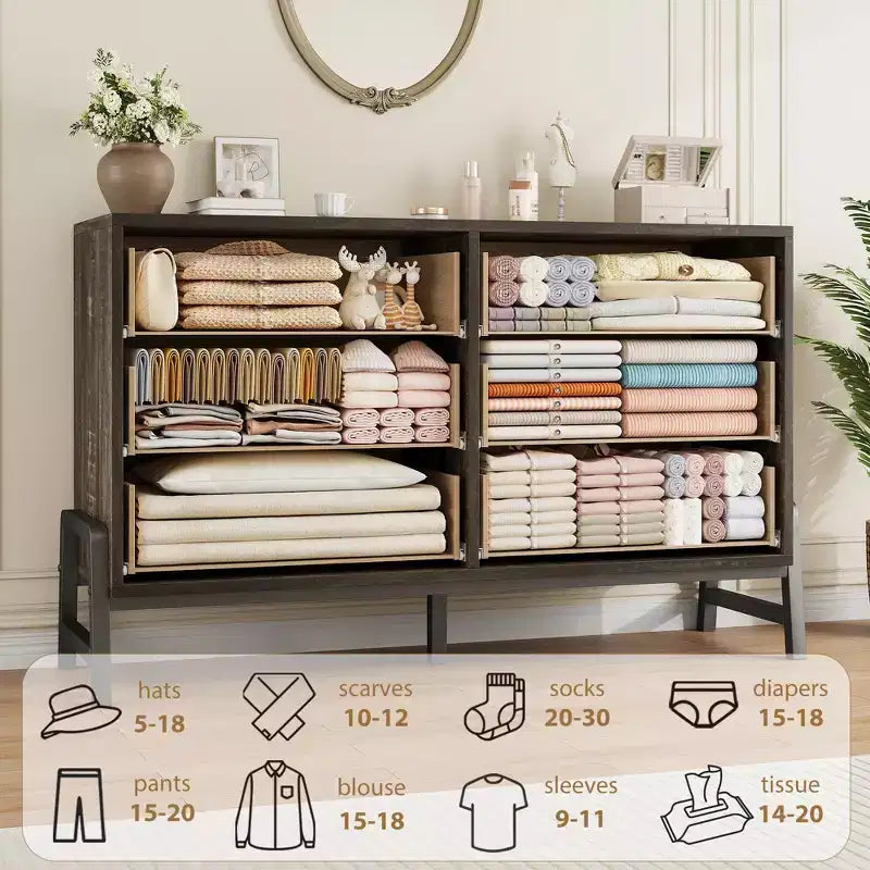 Commode de chambre, commode en bois de 132 cm de large à 6 tiroirs avec grand espace de rangement, meuble autoportant