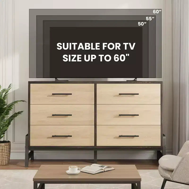 Commode de chambre, commode en bois de 132 cm de large à 6 tiroirs avec grand espace de rangement, meuble autoportant