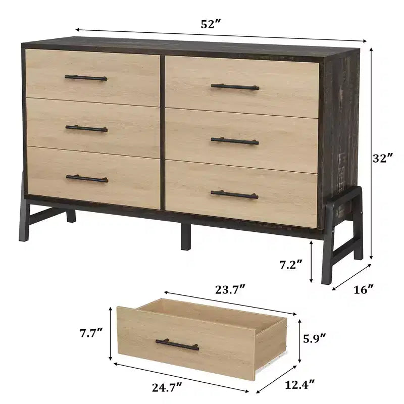 Commode de chambre, commode en bois de 132 cm de large à 6 tiroirs avec grand espace de rangement, meuble autoportant