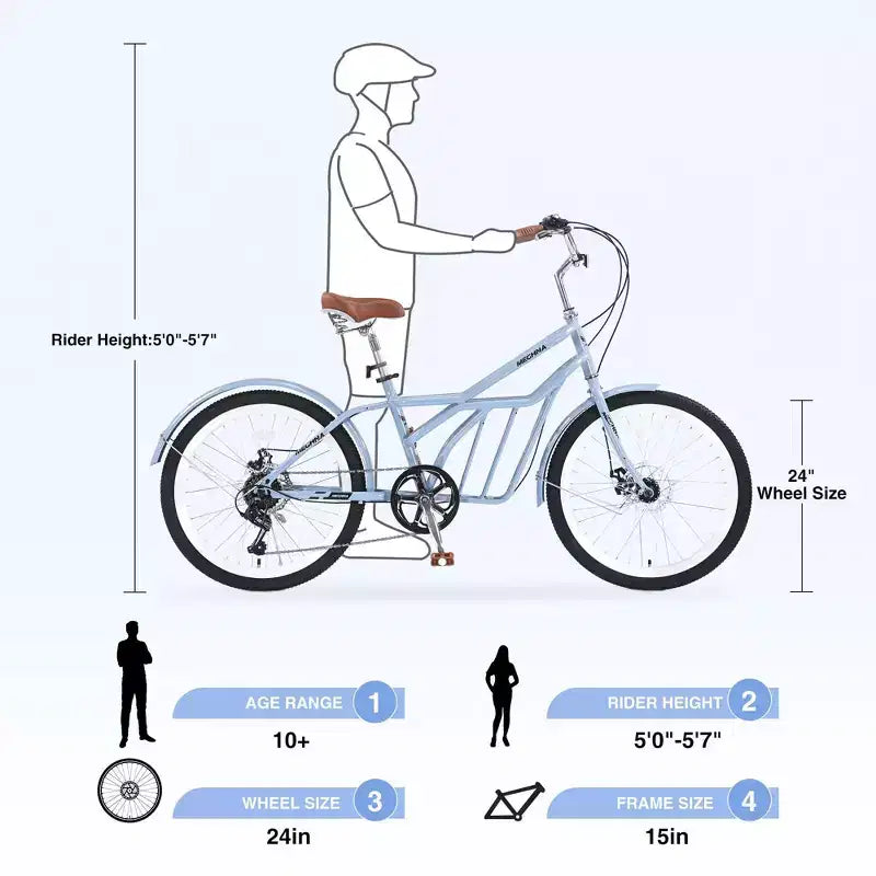NAYSAYE Vélo de ville 24 pouces pour adultes, 6 vitesses, vélo hybride de ville avec double frein en V, selle réglable, cadre en acier pour femmes et hommes, trajets quotidiens et loisirs