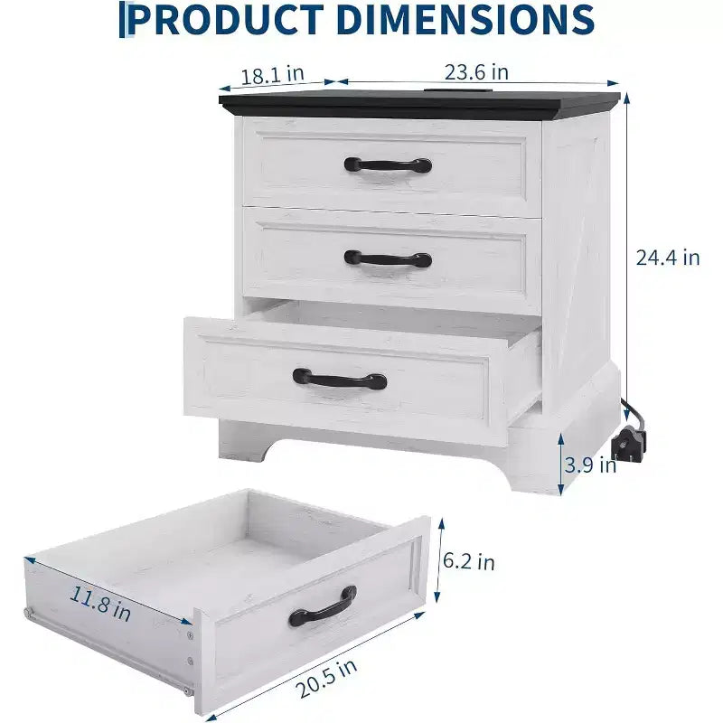 Table de chevet de style ferme moderne avec 3 grands tiroirs, table d'appoint rustique de 63 cm de large, table de chevet rétro en bois pour chambre à coucher, blanc