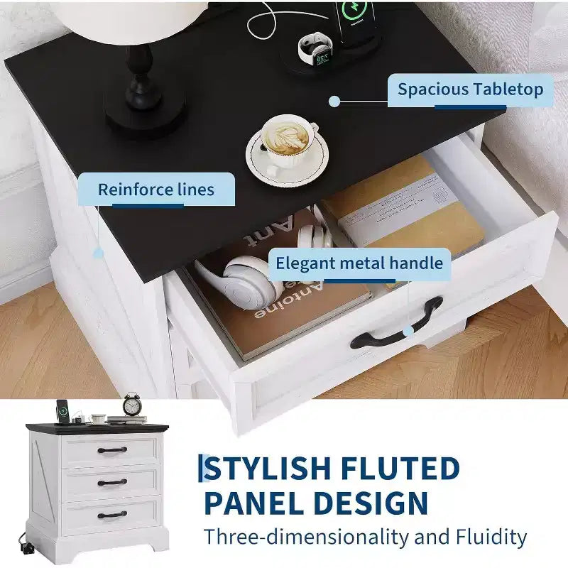 Table de chevet de style ferme moderne avec 3 grands tiroirs, table d'appoint rustique de 63 cm de large, table de chevet rétro en bois pour chambre à coucher, blanc