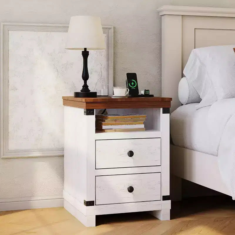 Table de chevet de ferme, grande table de chevet rustique moderne avec 2 tiroirs et une étagère ouverte, pour chambre à coucher et petits espaces, blanc