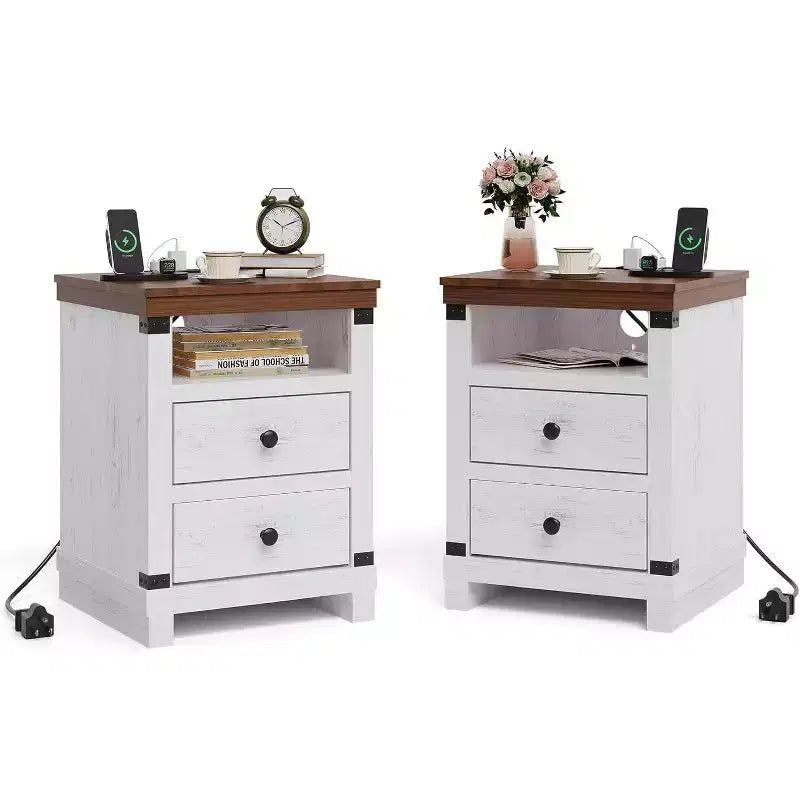 Table de chevet de ferme, grande table de chevet rustique moderne avec 2 tiroirs et une étagère ouverte, pour chambre à coucher et petits espaces, blanc