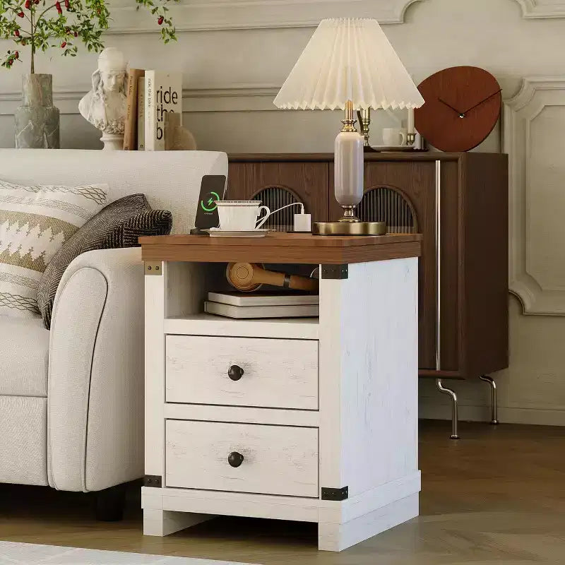 Farmhouse Nightstand, Modern Rustic Large Bedside Table with 2 Drawers & Open Shelf, for Bedroom Small Space, White