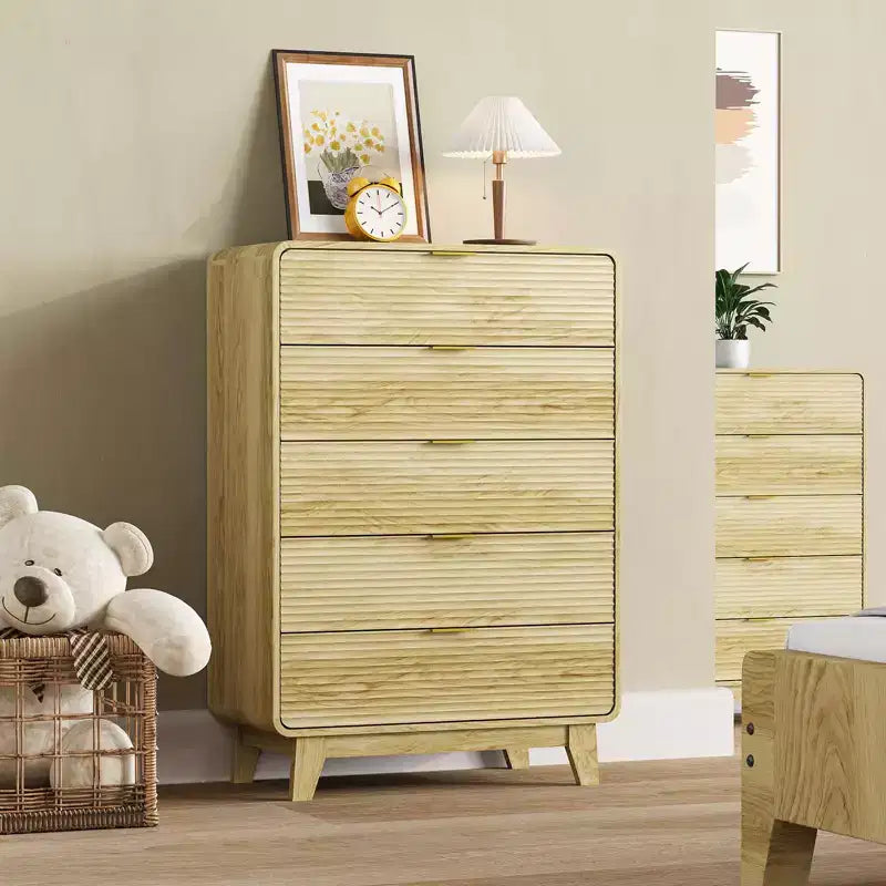 CuisinSmart Wood Dresser for Bedroom, Fluted 5 Drawer Dresser, Thickened Retro Chest of Drawers & Charging Station for Entryway, Kitchen, Hallway