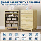 Commode en bois CuisinSmart pour chambre à coucher, commode à 5 tiroirs cannelés, commode rétro épaissie et station de charge pour entrée, cuisine, couloir