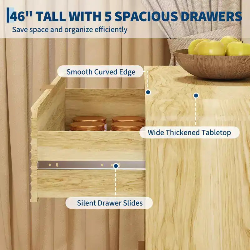 Commode en bois CuisinSmart pour chambre à coucher, commode à 5 tiroirs cannelés, commode rétro épaissie et station de charge pour entrée, cuisine, couloir