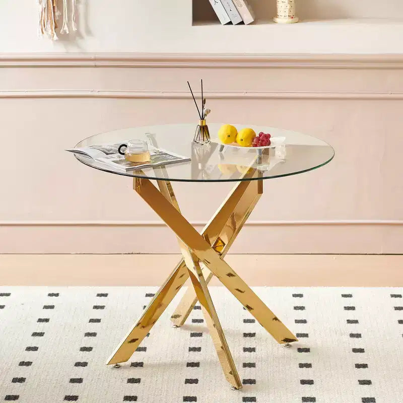 Ensemble de salle à manger 5 pièces style Mid-Century avec plateau en verre et pieds en métal pour 4 à 6 personnes, fait aussi office de table basse