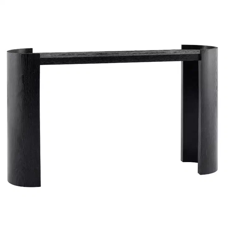Console d'entrée en grain de bois noir avec design incurvé pour entrée ou côté canapé