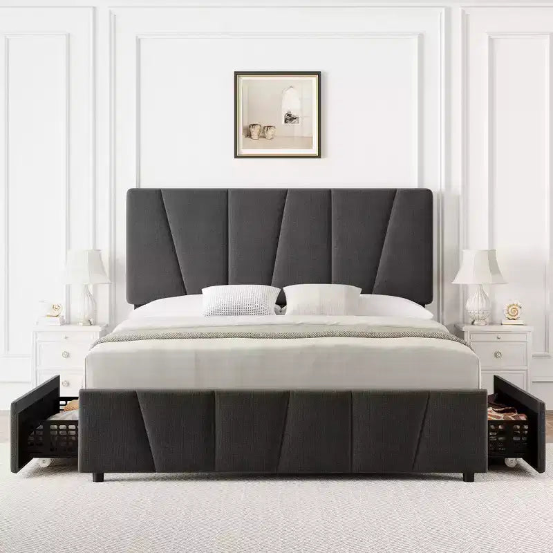 Cadre de lit rembourré avec tête de lit réglable, plusieurs tiroirs de rangement, cadre de lit en bois, matelas sans ressorts, meubles de chambre modernes