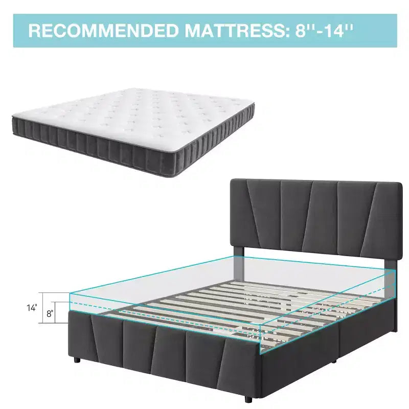 Cadre de lit rembourré avec tête de lit réglable, plusieurs tiroirs de rangement, cadre de lit en bois, matelas sans ressorts, meubles de chambre modernes