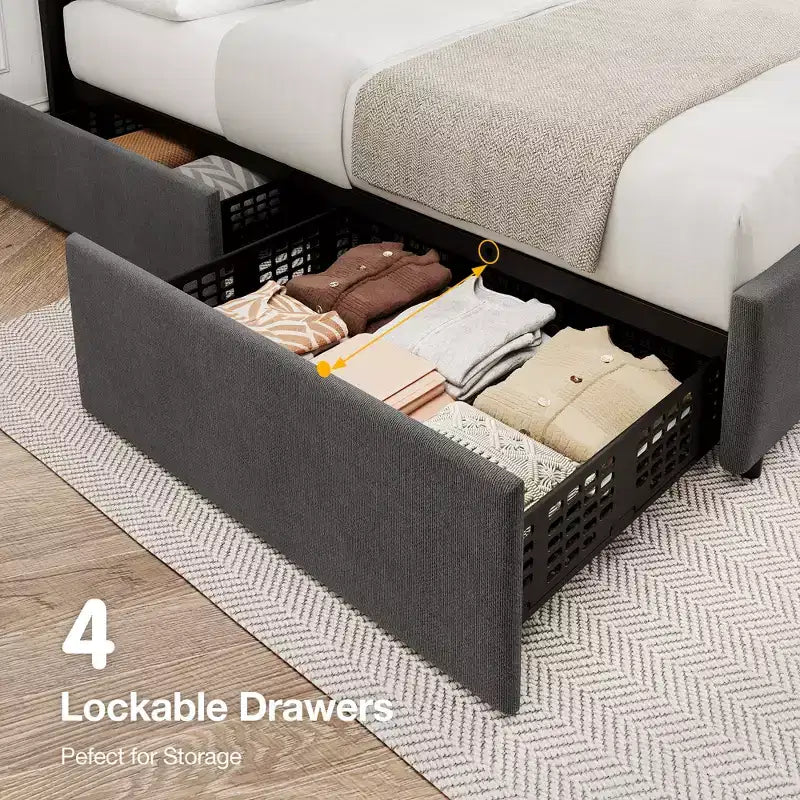 Cadre de lit rembourré avec tête de lit réglable, plusieurs tiroirs de rangement, cadre de lit en bois, matelas sans ressorts, meubles de chambre modernes