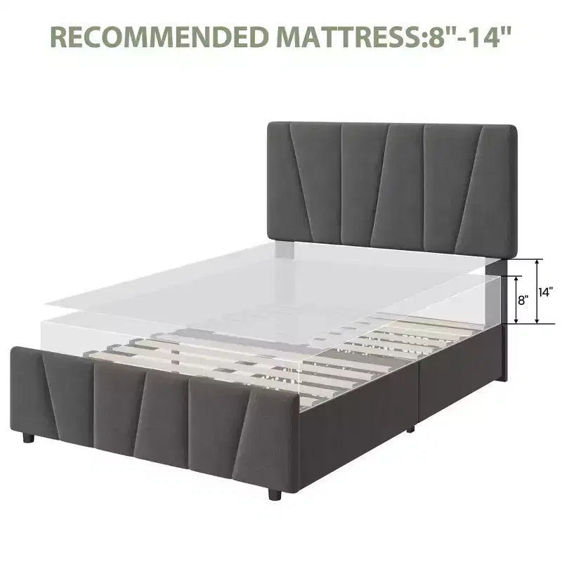 Cadre de lit rembourré avec tête de lit réglable, plusieurs tiroirs de rangement, cadre de lit en bois, matelas sans ressorts, meubles de chambre modernes