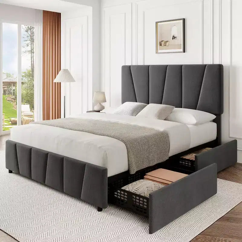 Cadre de lit rembourré avec tête de lit réglable, plusieurs tiroirs de rangement, cadre de lit en bois, matelas sans ressorts, meubles de chambre modernes