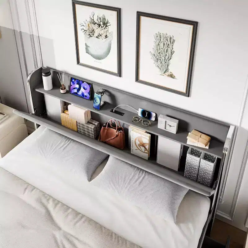 Cadre de lit avec 4 tiroirs de rangement, plateforme tapissée en velours supportant 450 kg, gris, GRAND LIT
