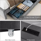 Cadre de lit avec 4 tiroirs de rangement, plateforme tapissée en velours supportant 450 kg, gris, GRAND LIT