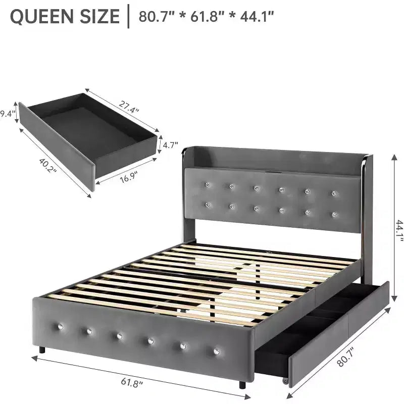 Cadre de lit avec 4 tiroirs de rangement, plateforme tapissée en velours supportant 450 kg, gris, GRAND LIT