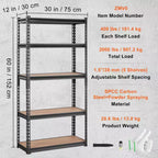 Étagère de rangement VEVOR, 5 niveaux réglables, capacité de 907 kg, étagères de garage robustes, organisateur métallique, noir, 76 x 30 x 152 cm (L x l x H)