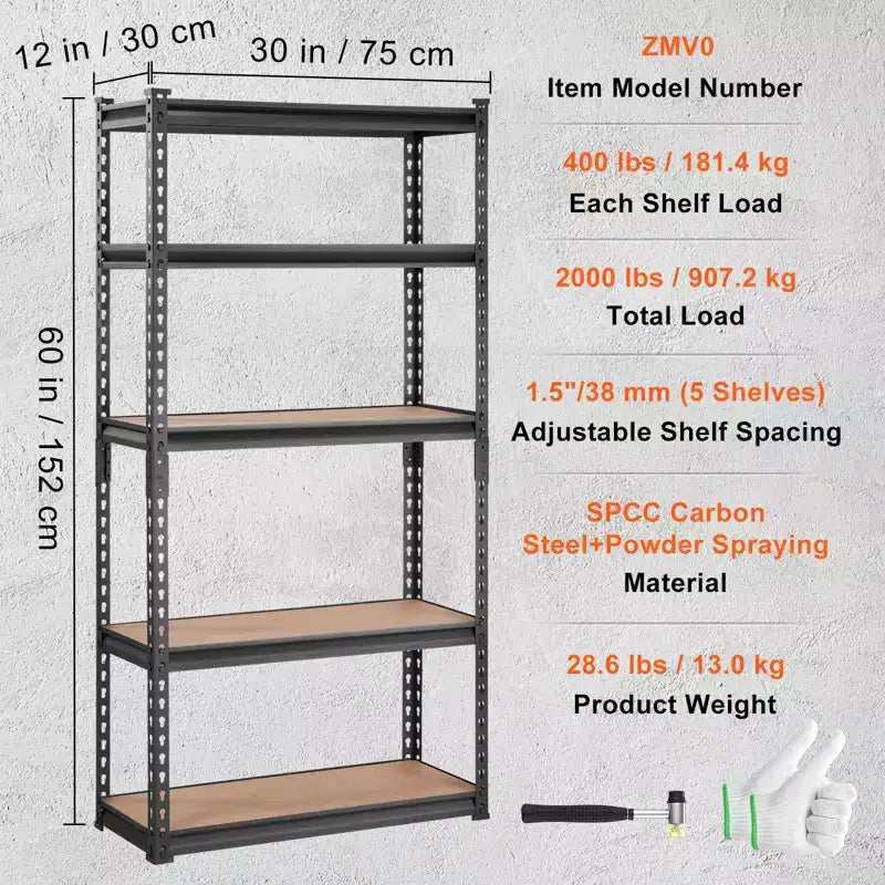 Étagère de rangement VEVOR, 5 niveaux réglables, capacité de 907 kg, étagères de garage robustes, organisateur métallique, noir, 76 x 30 x 152 cm (L x l x H)