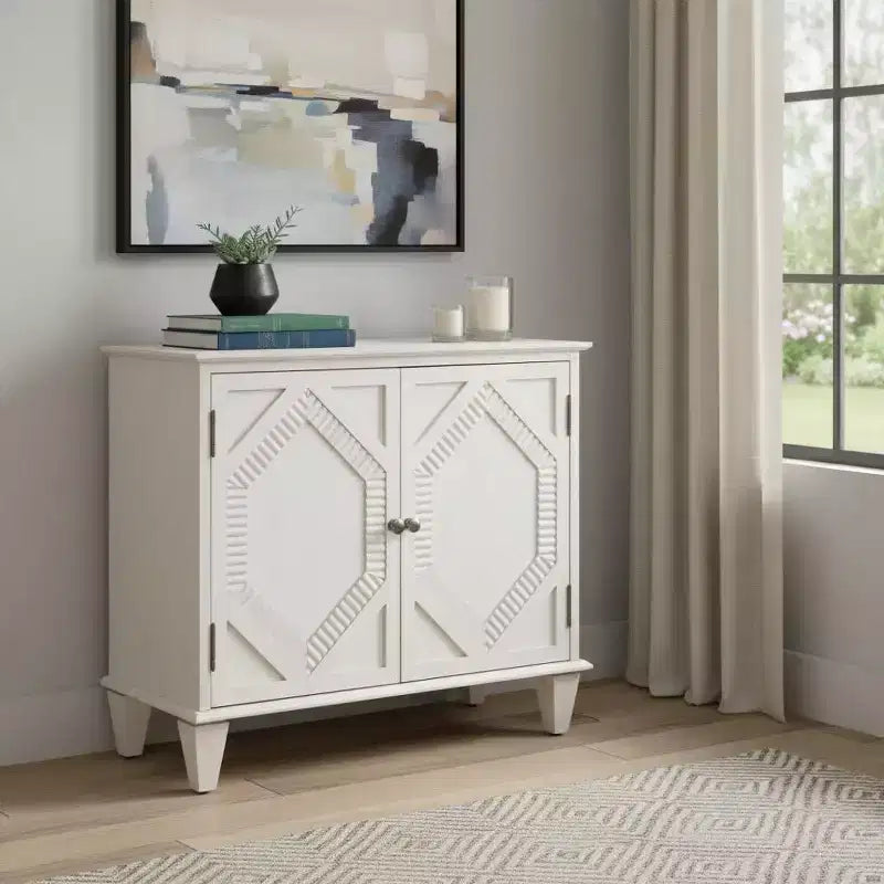 HomeRoots 34 Armoire d'appoint géométrique sculptée en bois blanc avec deux portes