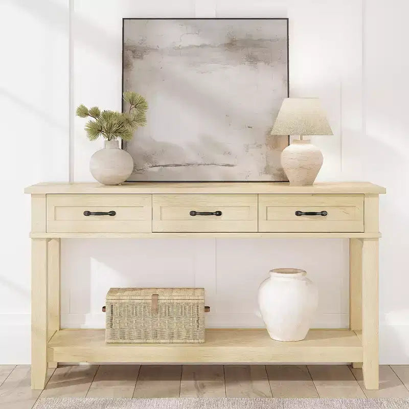 Console de ferme 54 po avec 3 tiroirs et étagères – Table de rangement pour entrée, canapé, salon