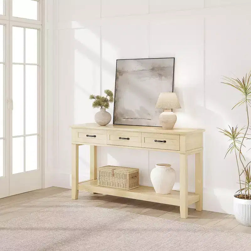 Console de ferme 54 po avec 3 tiroirs et étagères – Table de rangement pour entrée, canapé, salon