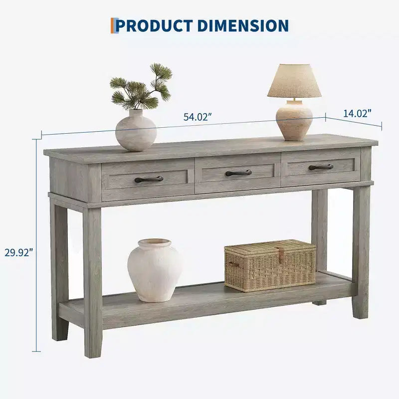 Console de ferme 54 po avec 3 tiroirs et étagères – Table de rangement pour entrée, canapé, salon