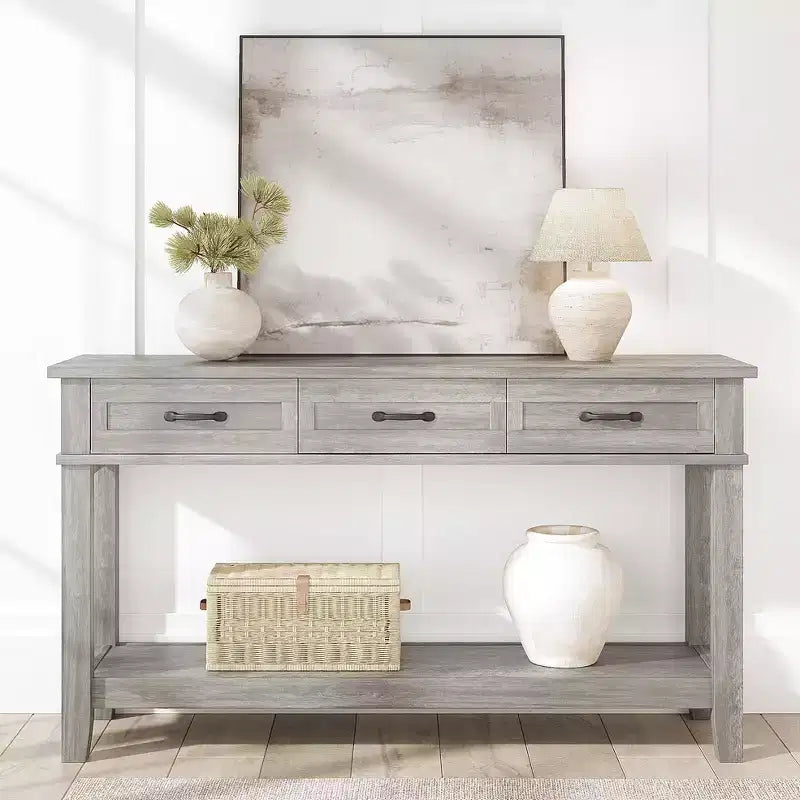 Console de ferme 54 po avec 3 tiroirs et étagères – Table de rangement pour entrée, canapé, salon