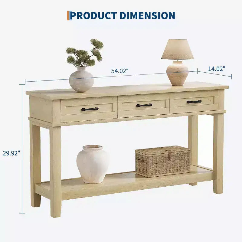 Console de ferme 54 po avec 3 tiroirs et étagères – Table de rangement pour entrée, canapé, salon