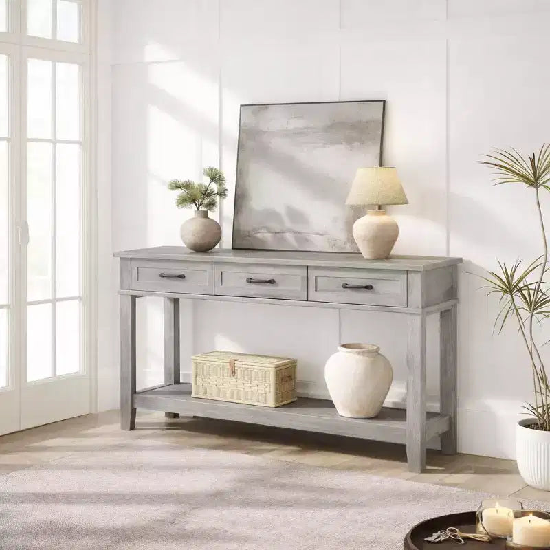 54 Farmhouse Console Table with 3 Drawers & Shelves  Entryway, Sofa, Living Room Storage Table