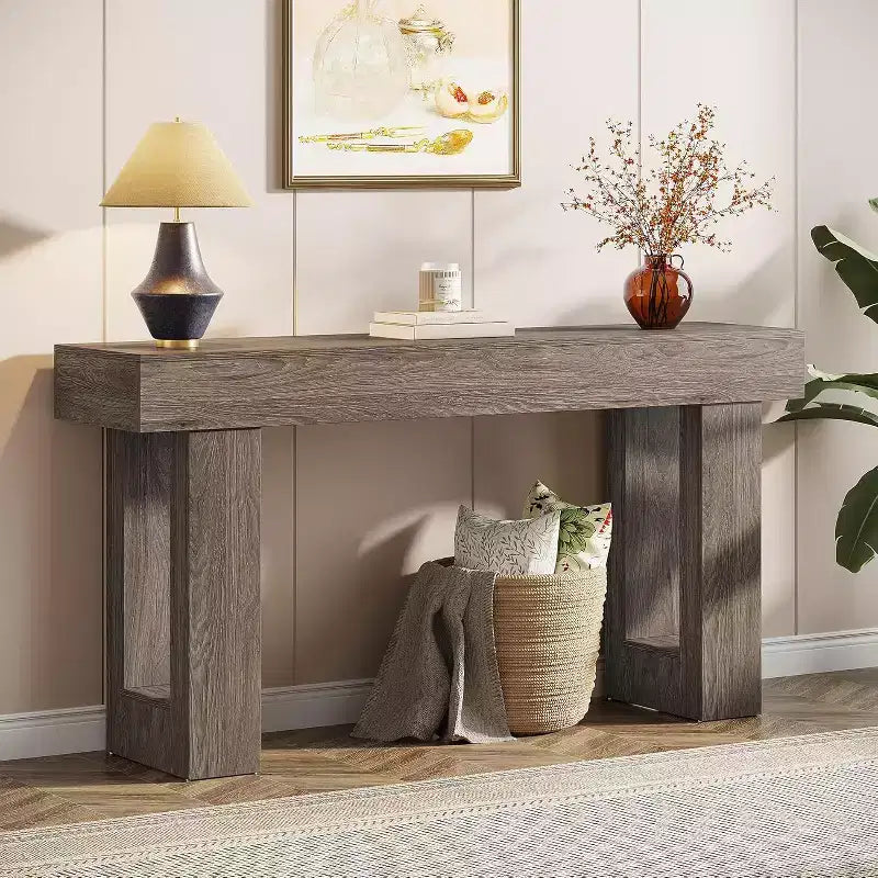 Lantine 63-Inch Long Console Table, Wooden Rectangular Sofa Table Behind Couch, Farmhouse Entryway Table for Hallway, Living Room, Grey