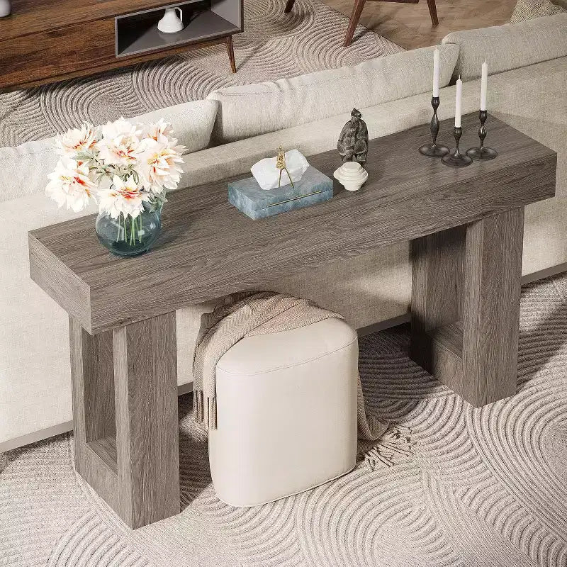 Console Lantine de 63 po de long, table de canapé rectangulaire en bois à placer derrière le canapé, table d'entrée de style rustique pour couloir, salon, grise